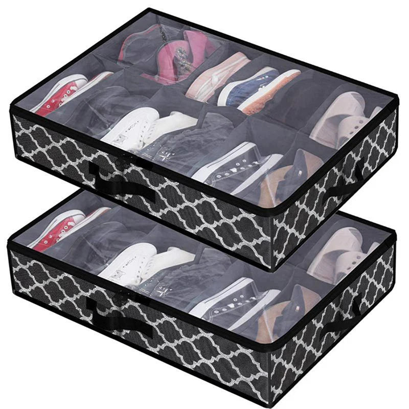 Black mesh storage box with clear windows holding various pairs of shoes.