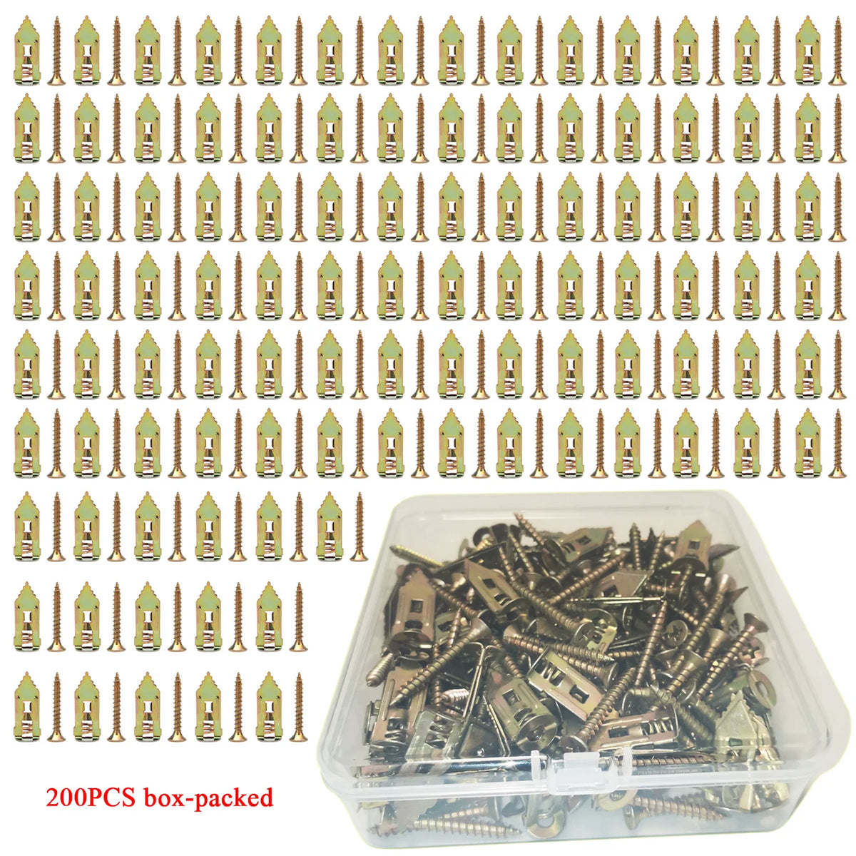 A box of 200 pieces of self-drilling drywall anchors and screws, shown in a grid layout.
