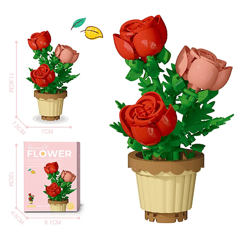 A set of creative flower pot building blocks featuring red roses, yellow sunflowers, and pink carnations.