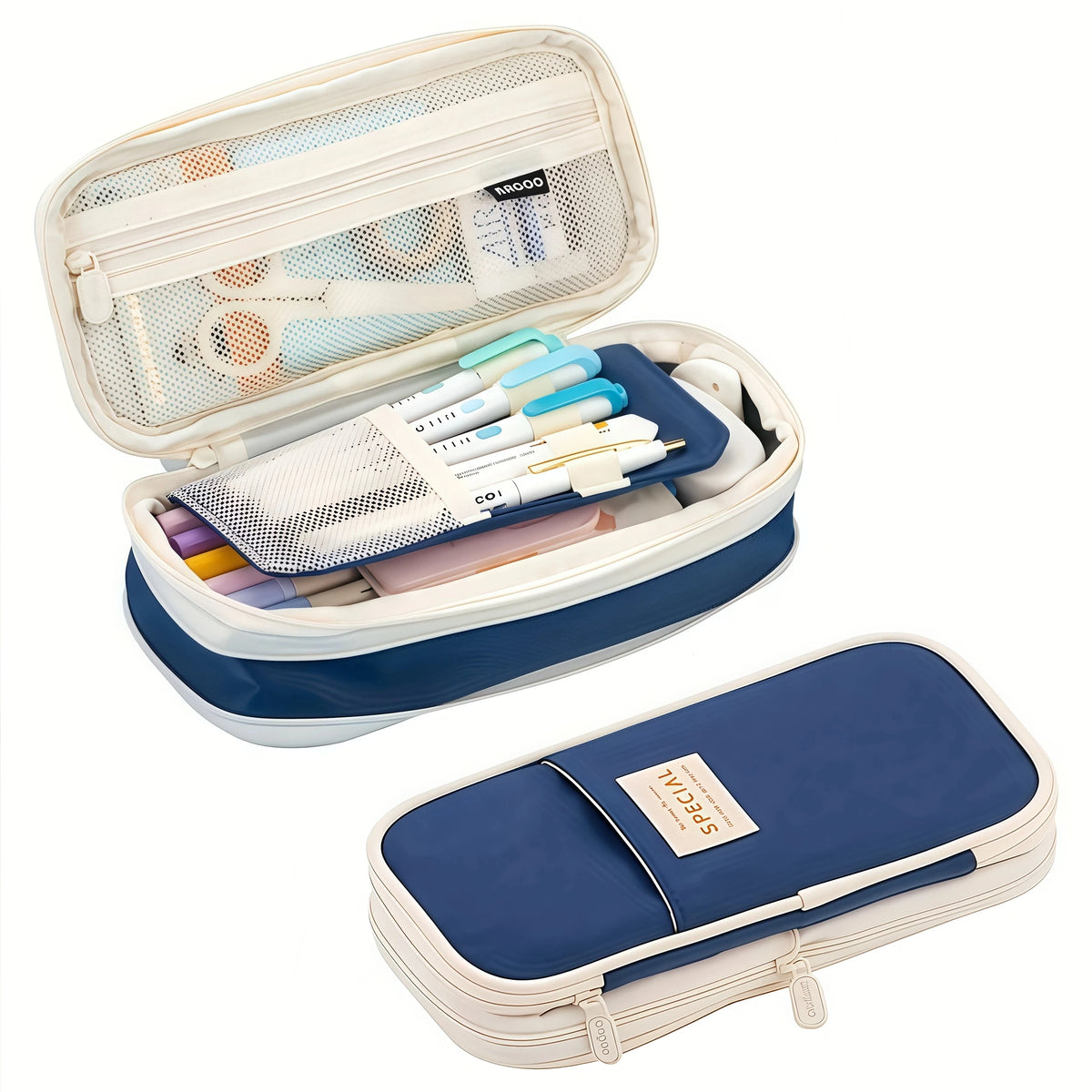 A light beige fabric pencil case with a clear window showing various pens and pencils inside.