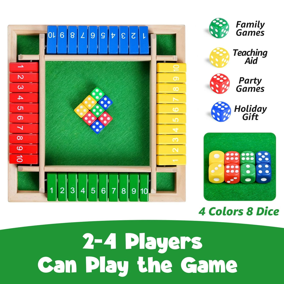 A wooden dice game board with four colors of eight-sided dice and a wooden box.
