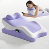 A purple and white memory foam full-body support pillow is shown with a woman using it for reading or gaming.