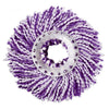 A purple and white microfiber spinning mop head with a circular design.
