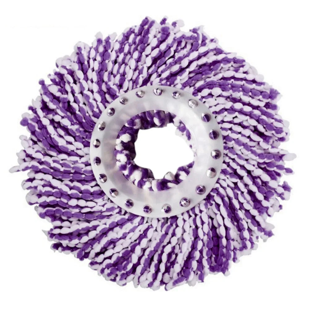 A purple and white microfiber spinning mop head with a circular design.