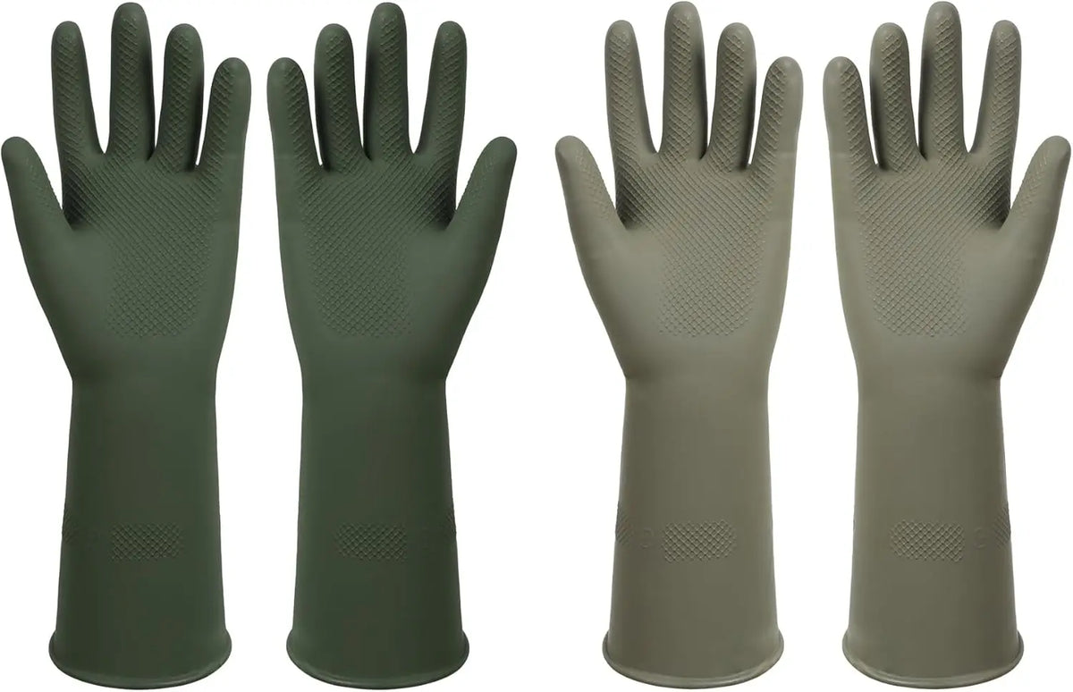 Four pairs of reusable non-slip dishwashing rubber gloves in dark green and gray.
