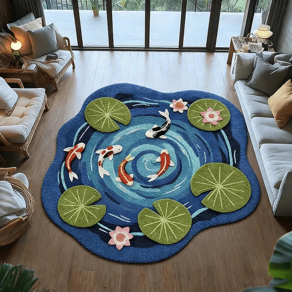A round blue rug with a pattern of green and pink koi fish on a light wood floor.