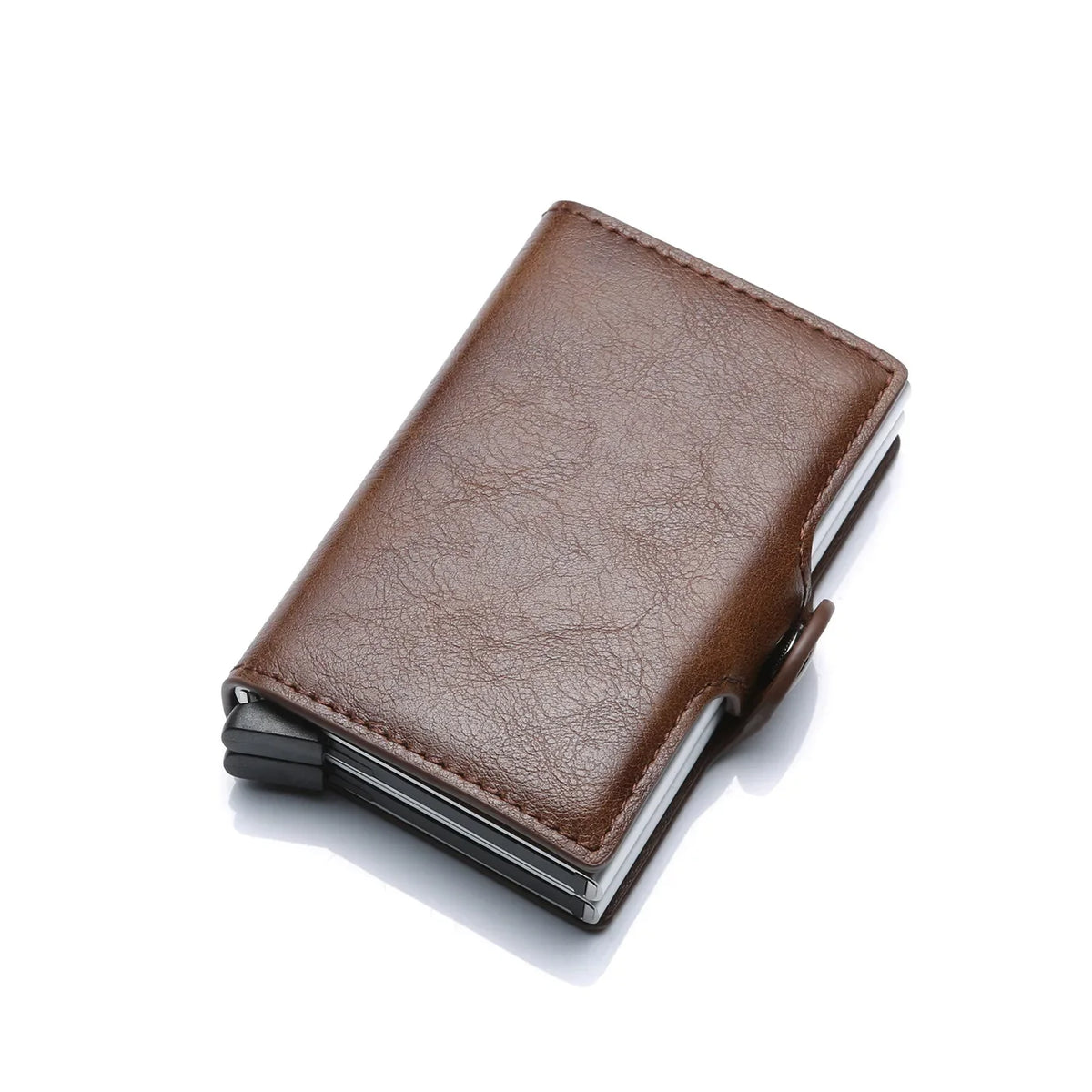 A brown leather slim wallet with a metal closure shown from above.