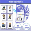 A set of 15 Montessori English vocabulary flash cards showing various occupations like a diver, doctor, detective, and busine