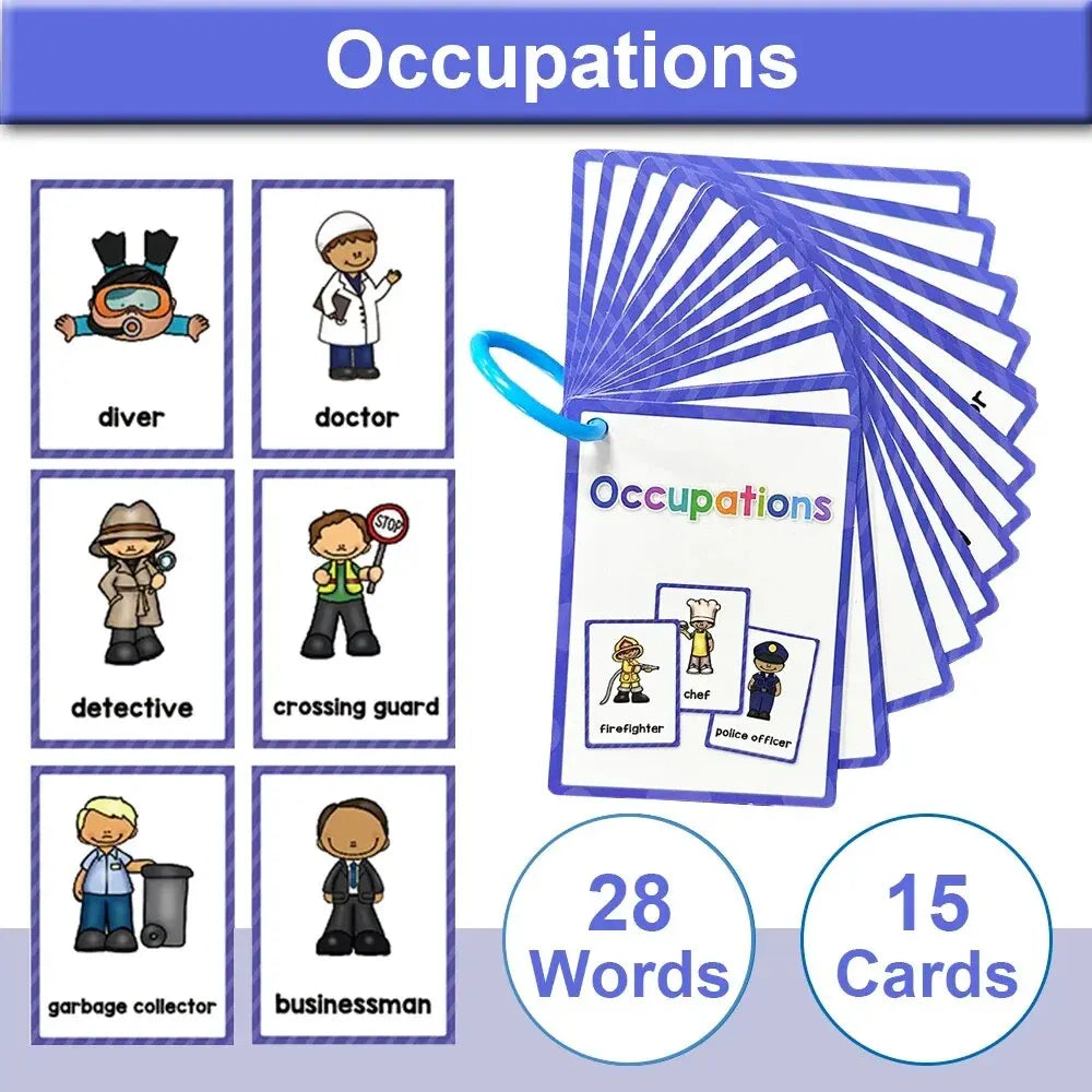 A set of 15 Montessori English vocabulary flash cards showing various occupations like a diver, doctor, detective, and busine