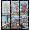 A collection of nine tarot cards from the Black Radiant Wisdom deck featuring various imagery and symbols.