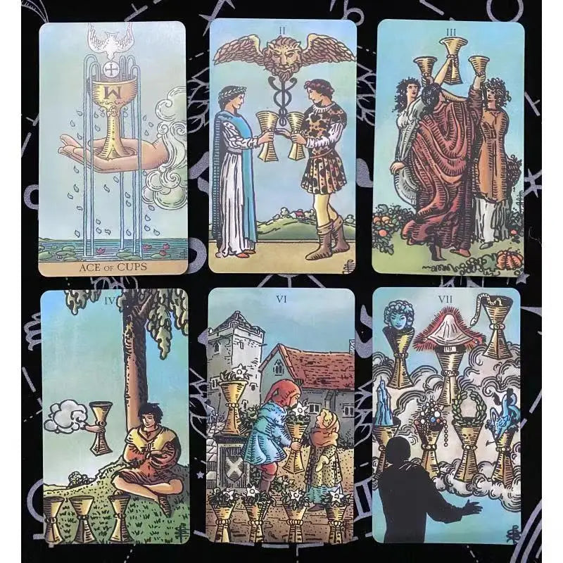 A collection of nine tarot cards from the Black Radiant Wisdom deck featuring various imagery and symbols.