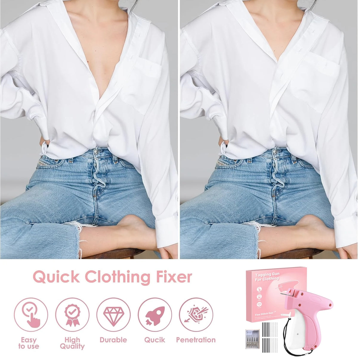 Handheld stitch gun for clothing repairs showing a white shirt being fixed on a denim garment