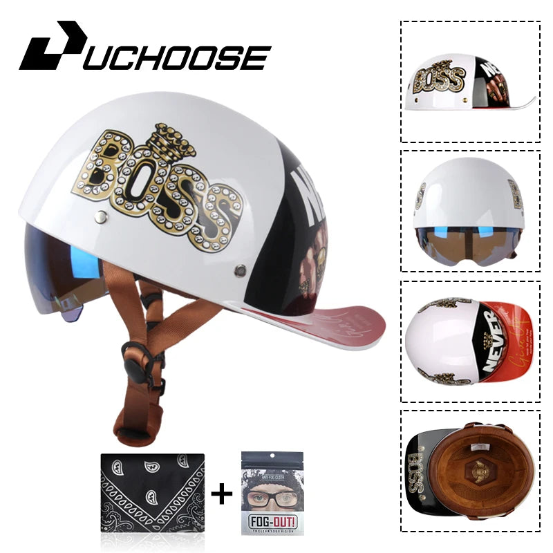 A white motorcycle helmet with a Boss logo and a visor, shown alongside accessories like a cap and leather goods.