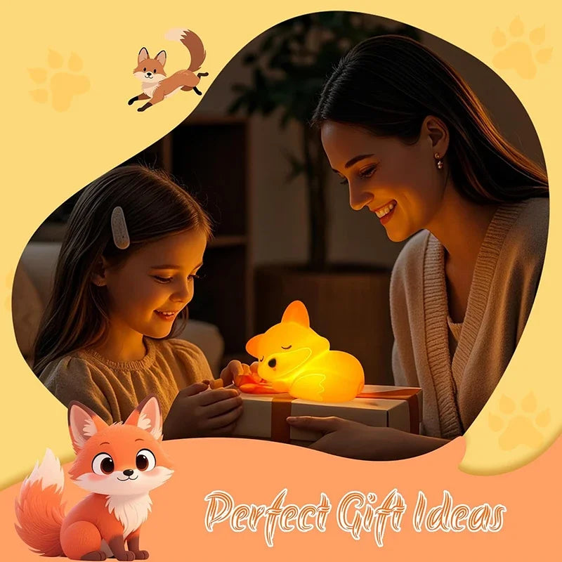 A woman is gifting a yellow squishy fox night light to a young girl in a warm indoor setting.