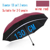 A large, folding umbrella in wine red and black with 130 cm diameter markings.