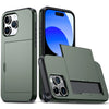 A green slim protective phone case shown with a transparent back revealing a hidden card holder and multiple camera lenses.