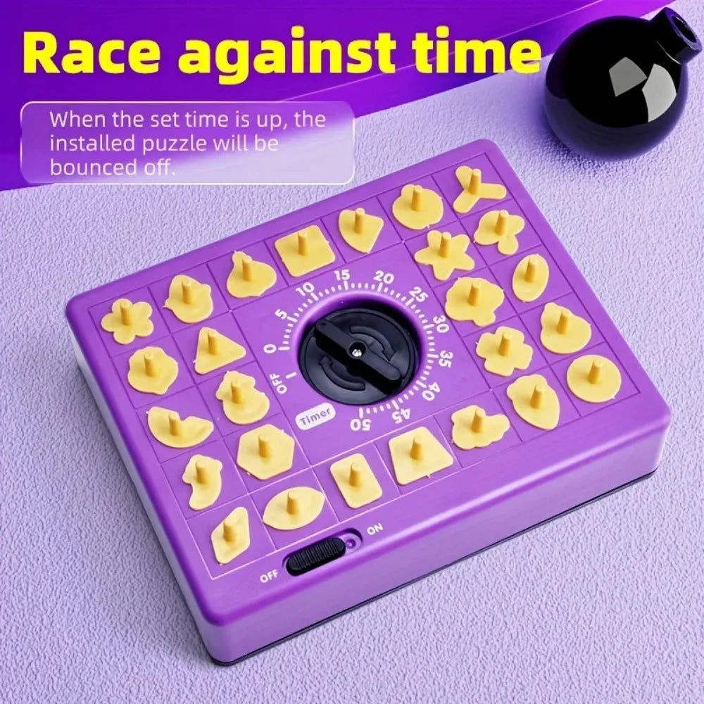 A purple puzzle game with a timer and puzzle pieces is shown on a surface.