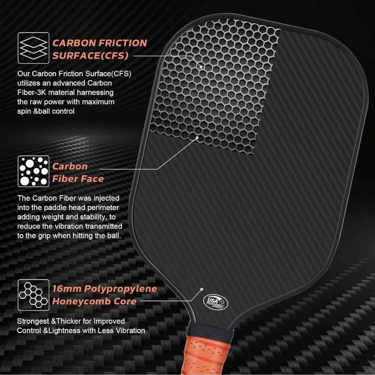 A close-up view of a black pickleball paddle showing its carbon friction surface and honeycomb core.