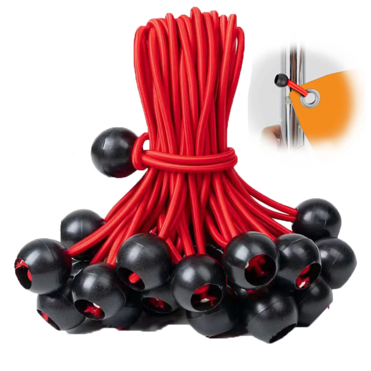A bundle of red ball bungee cords with black connectors is shown, demonstrating the product for camping and tarps.