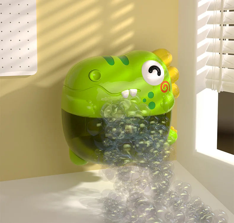 A green dinosaur bubble machine is shown pouring bubbles onto a white surface.