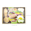 A box containing a felt burger and sandwich food play set with various components like buns lettuce and tomato