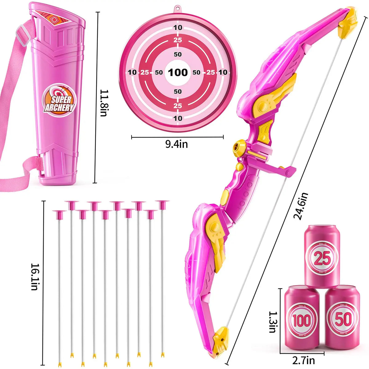 A pink kids archery set featuring a bow, arrow, and suction cup targets with numbered rings.