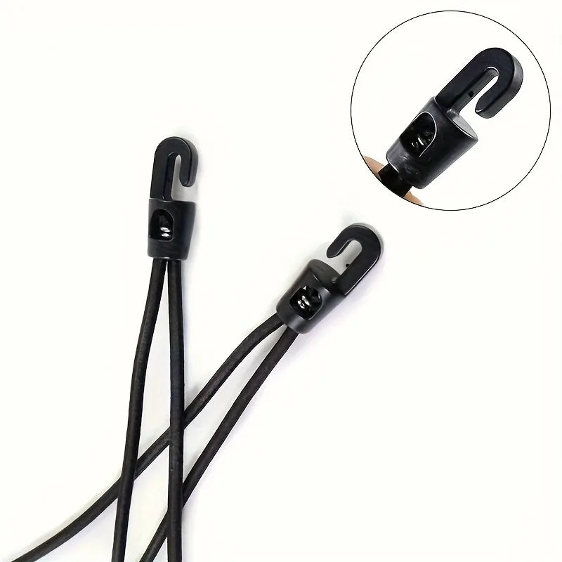 Black heavy-duty elastic tie-down strap with metal hooks shown against a white background.