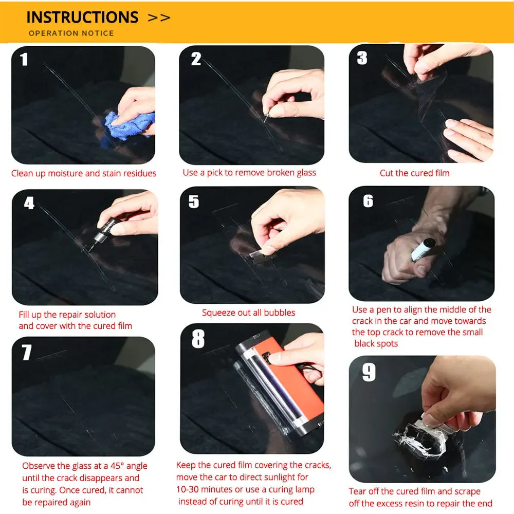 Instructions for repairing a windshield crack using a kit with nano resin and cured film.