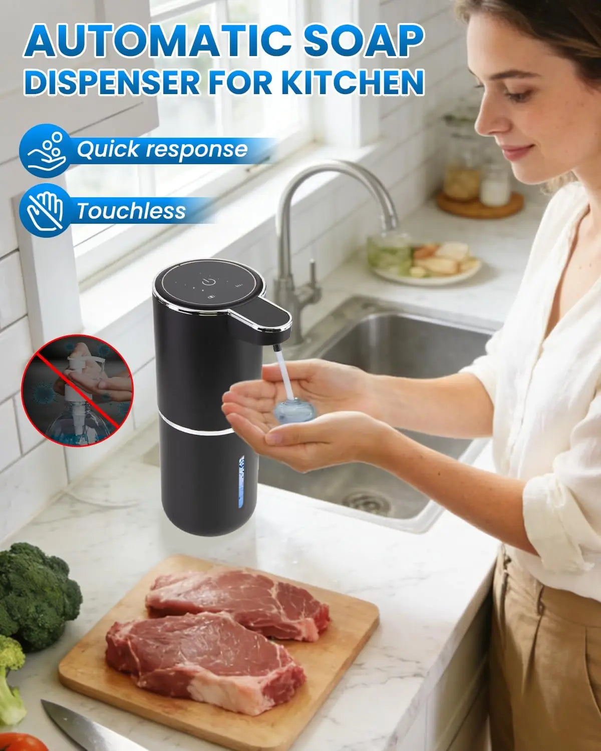 A woman uses a black touchless automatic soap dispenser for kitchen cleaning.