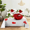 Red rose themed bedding set featuring large red roses and heart prints on a white background