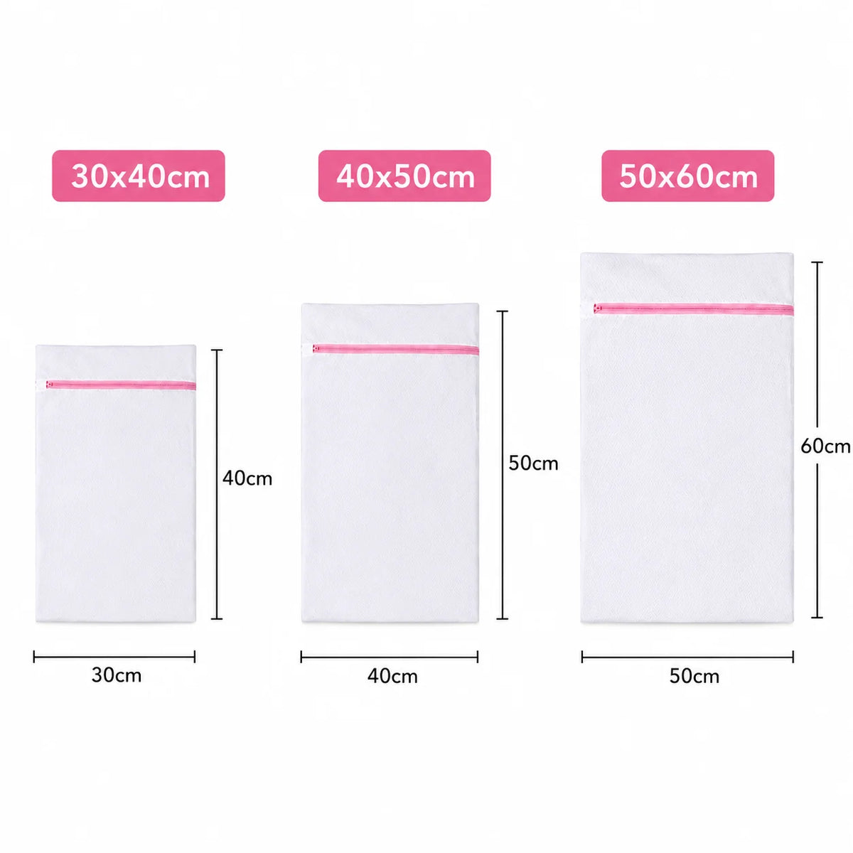 Three white mesh laundry bags in sizes 30x40cm, 40x50cm, and 50x60cm shown side by side.