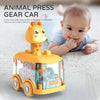 A yellow animal press gear car toy with a light-up giraffe figure is shown next to a baby.