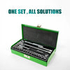 A green box containing a Proskit 23-piece ratcheting socket and Allen wrench set.