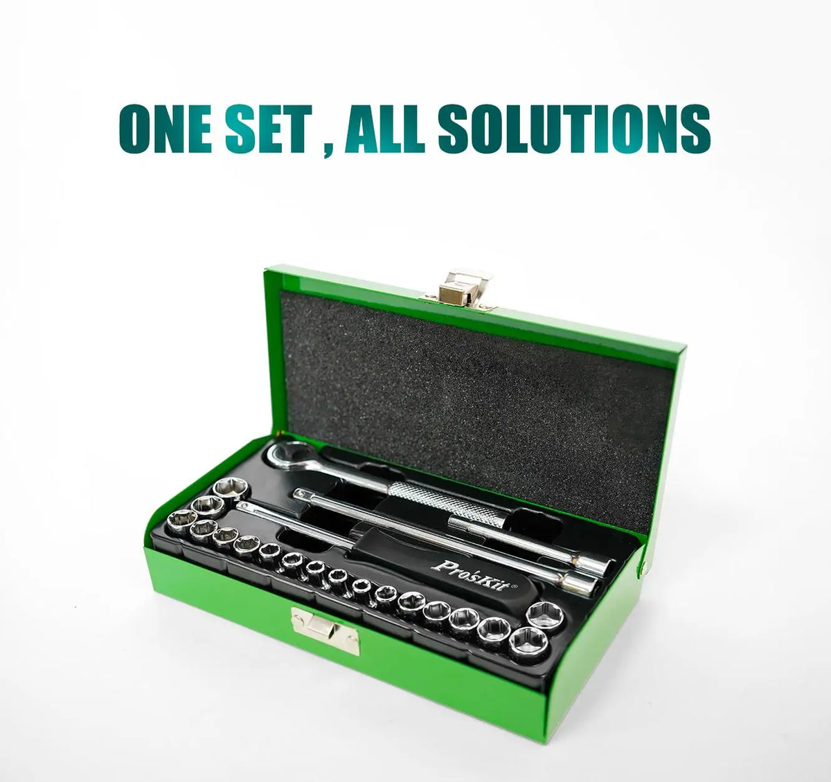 A green box containing a Proskit 23-piece ratcheting socket and Allen wrench set.