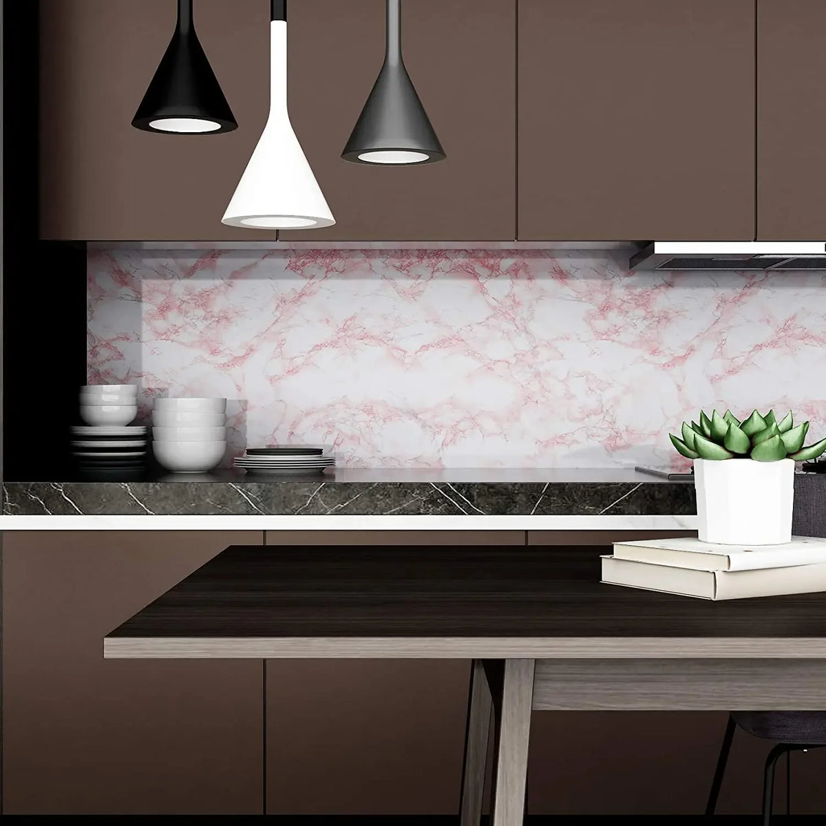 A kitchen cabinet and countertop featuring pink marble wallpaper, dark wood cabinetry, and pendant lights.