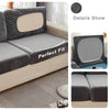A plush velvet stretch sofa seat cover in gray and beige is shown with a Perfect Fit label.