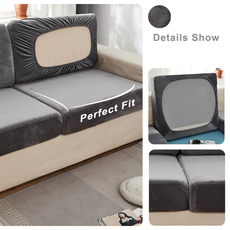 A plush velvet stretch sofa seat cover in gray and beige is shown with a Perfect Fit label.