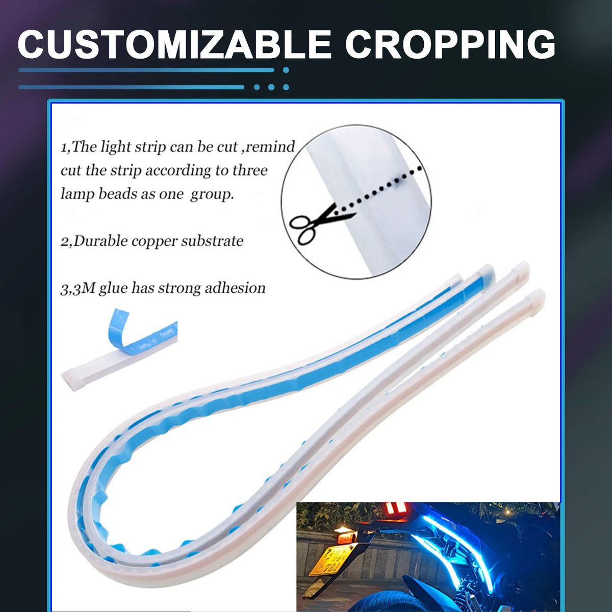 Flexible LED-Motorrad-Lichtleiste mit blauen Akzenten und weißem Substrat für anpassbare Zuschneidungen.