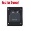 A black wall-mount battery holder for 18V power tools labeled DeW