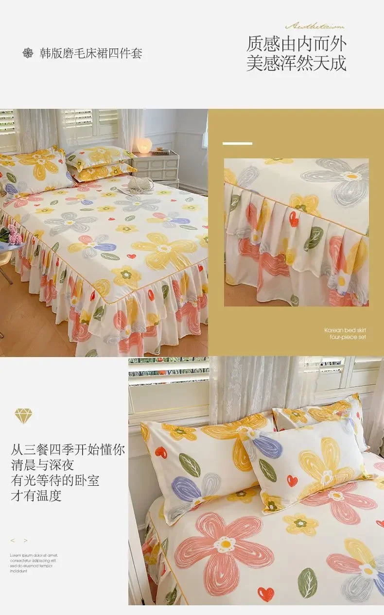 Floral Bed Skirt Set with Anti-Slip Mattress Cover