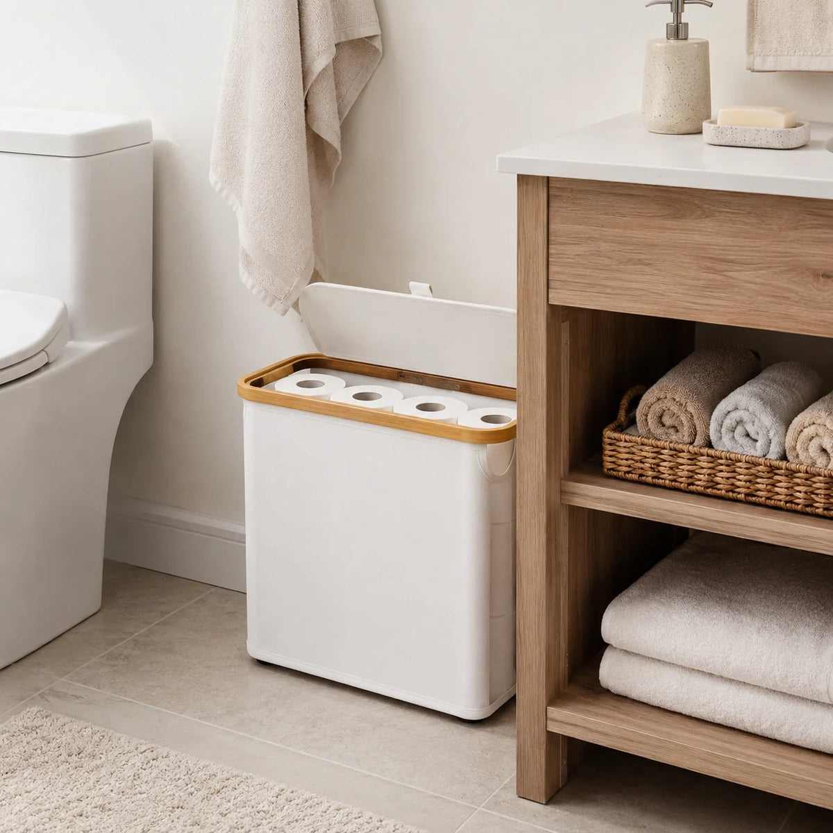 A white bamboo-framed toilet paper storage basket with a lid sits next to a toilet and on a wooden shelf.