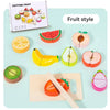 A set of wooden pretend play cutting fruit and vegetable toys including various fruits like watermelon, apple, and banana.