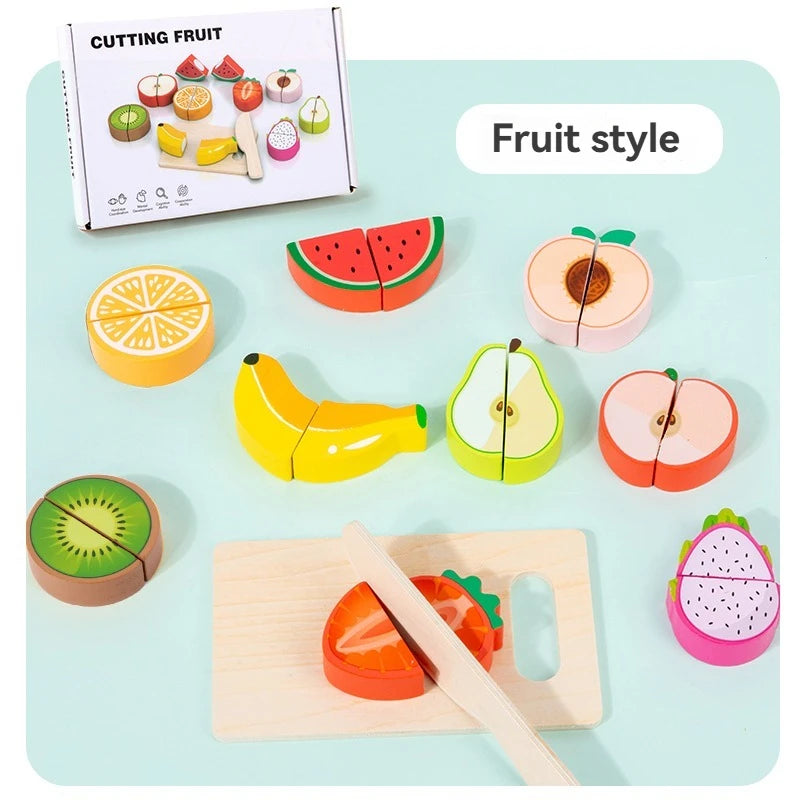 A set of wooden pretend play cutting fruit and vegetable toys including various fruits like watermelon, apple, and banana.