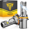 A silver LED headlight bulb with a cooling fan is shown next to its packaging box.