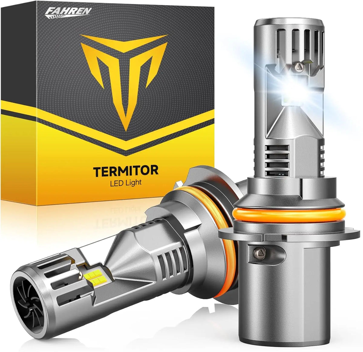 A silver LED headlight bulb with a cooling fan is shown next to its packaging box.