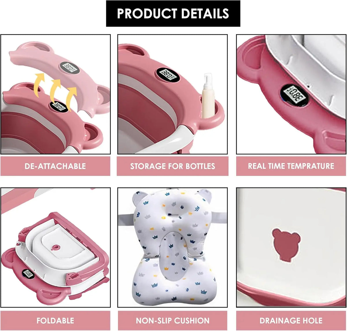 Collapsible Baby Bathtub with Thermometer and Floating Cushion