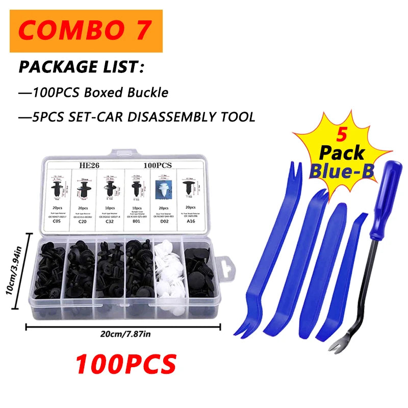Combo 7 package list showing a set of 100 pieces boxed buckle and 5 pieces set car disassembly tool