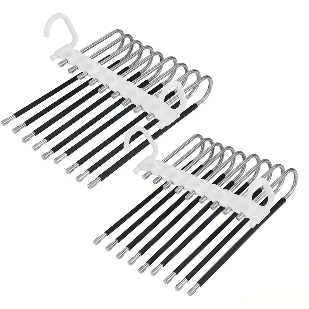 A set of nine stainless steel pants hangers with non-slip grips.