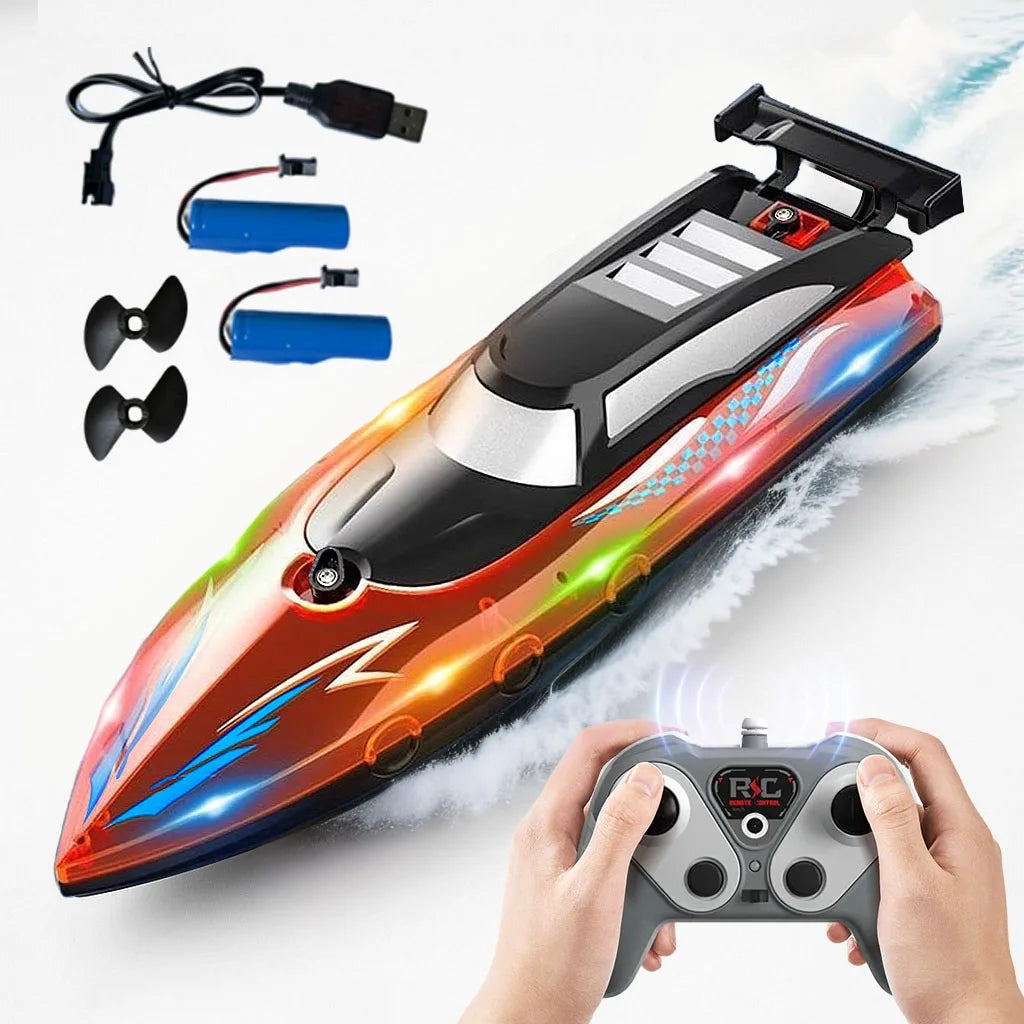 A person holds a red high-speed RC speedboat with LED lights and control accessories.