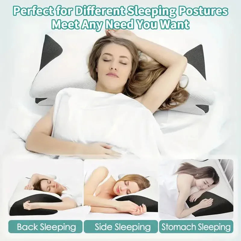 White memory foam neck pillow shown in use for different sleeping postures like back, side, and stomach sleeping.